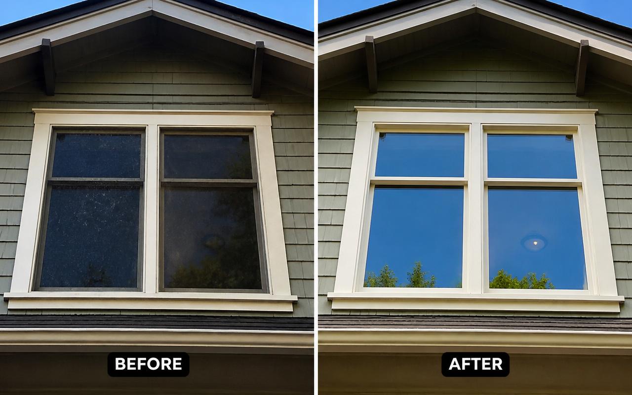Second-story exterior window before and after cleaning
