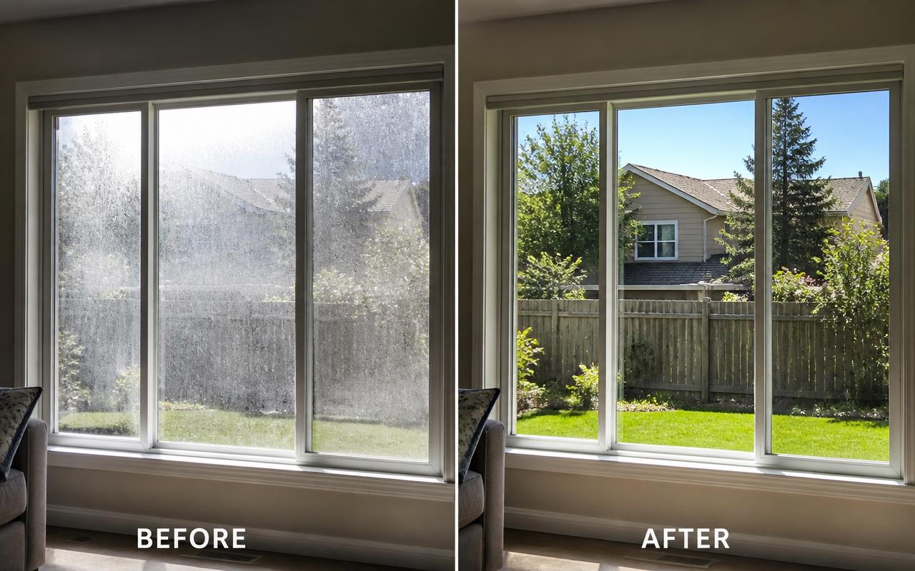 Large living room window before and after professional window cleaning