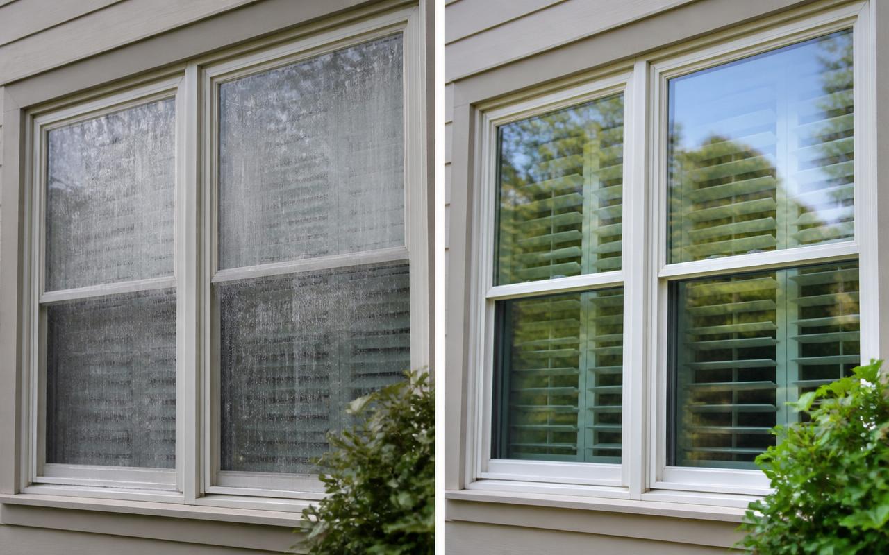 Residential window before and after washing — dirty, streaked glass on the left, crystal clear on the right