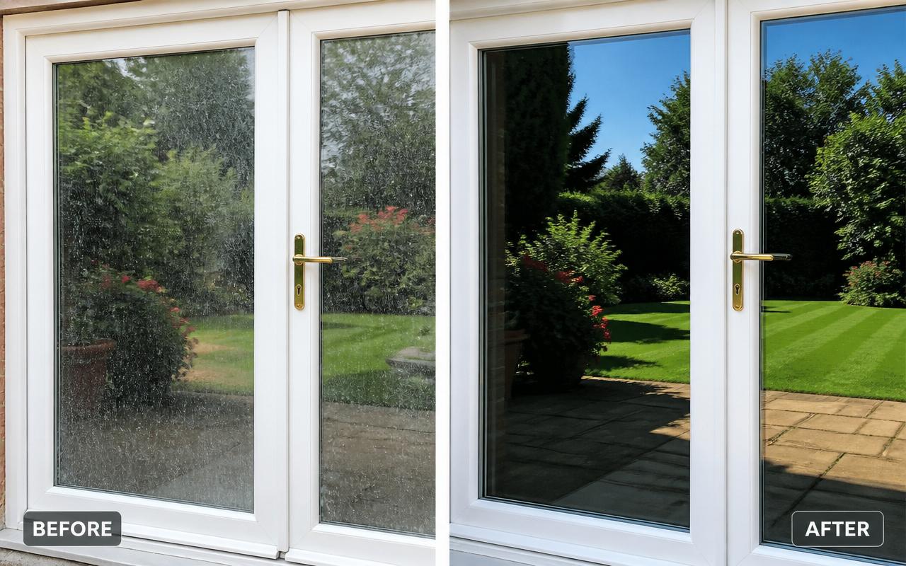 Patio door glass before and after washing